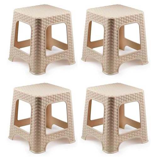 Acan Tradineur - Pack de 4 taburetes de plástico Rattan, imitación de Mimbre, banqueta Multiusos, Cocina, salón, Fabricado en España (Marrón Claro - 33 x 32,5 x 32,5 cm)