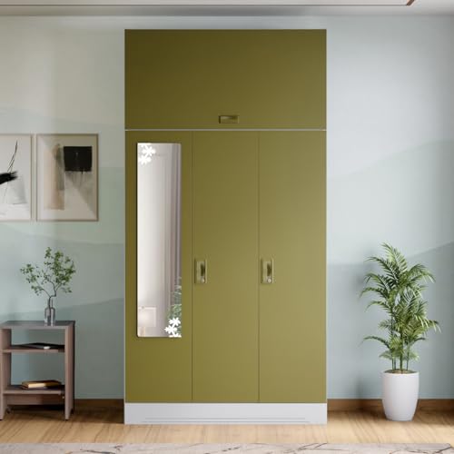 Image of Godrej Interio Almirah Slimline 3-Door Steel Almirah, Cupboard for Clothes (Royal Ivory and Olive Branch), 1-Year Warranty, 7 Shelves, with Over Head Unit, 1 Locker, Star Design Mirror