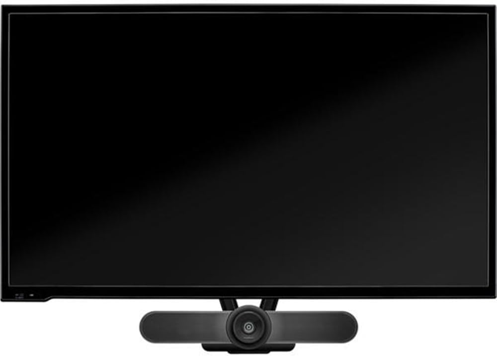 Front view of a television with the Logitech MeetUp camera mounted below the screen using the Meet-upTVMT bracket.