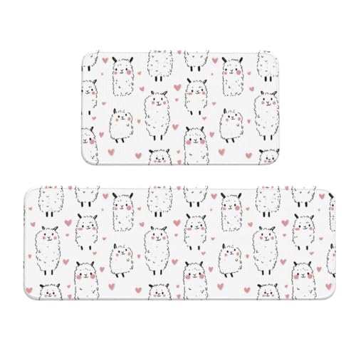 GVYGVY Antifatigue Kitchen Mats for Floor 2 Piece - Alpaca Cute Heart Print Kitchen Rugs Washable, Non Slip Runner Rug Standing Mat for Office/Bathroom/Laundry/Home Decor and Accessories