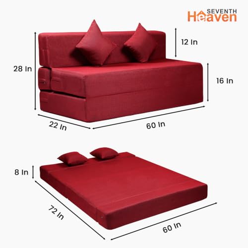 Image of Seventh Heaven 3 Seater 5 * 6 Jute Fabric Washable Cover Sofa Cum Bed 3 Seater Double Foam Fold Out Sofa Cum Bed (Finish Color - Maroon Delivery Condition - Pre-Assembled)