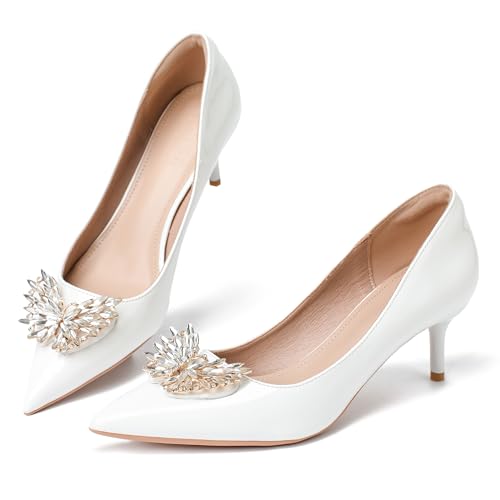 Kitten Heels for Women 2 Inch Pointed Toe Leather High Heels Comfortable Slip on Stiletto Pumps Rhinestone Bow Wedding Party Dress Shoes