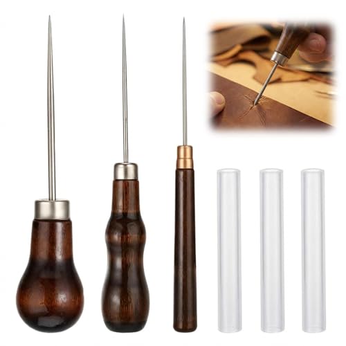 JYXNU 3PCS Lezna Coser Cuero Punzón, Punzón Con Mango De Madera Lezna, Herramientas De Costura Para Bricolaje,Ideal Para Coser, Reparar Y Crear Proyectos En Cuero