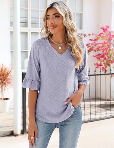 LOMON Blouses for Women Dressy Casual Summer 3/4 Length Sleeve Tops 2025 Loose V-Neck Flutter Bell Sleeve Tunic Textured T-Shirts (Purple,Medium)