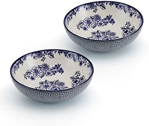 Pfaltzgraff Gabriela Blue Floral Set of 2 Pasta Bowls, 8 Inch, Blue and White