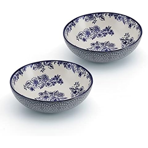 Pfaltzgraff Gabriela Blue Floral Set of 2 Pasta Bowls, 8 Inch, Teal and White Cover
