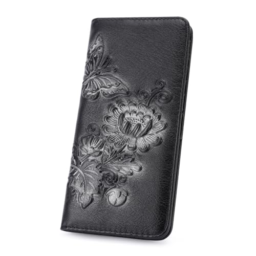 Image of Wallet Women Ultra Slim Thin Rfid 3D Embossed Vegan Leather Womens Wallet Clutch Long Ladies Wallet (01-Black)