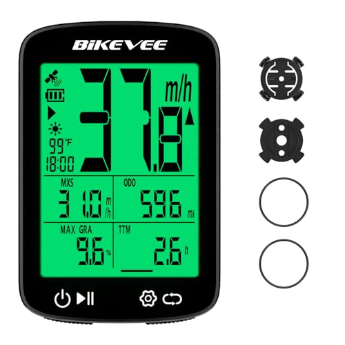 Bikevee Compteur Vélo GPS sans Fil avec Température Altitude Pente Dénivelé Éclairage Vert Étanche IPX7 Écran 2,4 Pouces