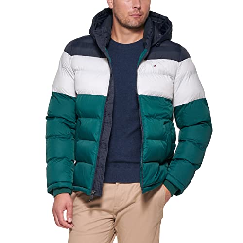 Image of Tommy Hilfiger Men's Hooded Puffer Jacket Down Alternative Coat, Green Color Block, XS