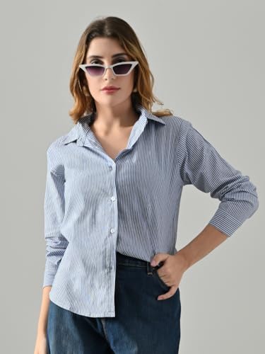 Image of Women's Blue Cotton Striped Shirt - Regular Fit, Full Sleeve, Collared Formal Shirt for Office, Casual