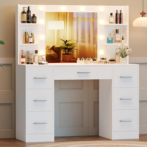 Irontar Makeup Vanity Desk with Mirror, 43.3" L Vanity Table with 10 LED Lights & 7 Metal Sliding Drawers, Brightness Adjustable & Open Shelves, for Women, Wife, White