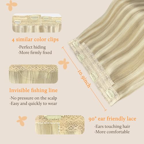 Image of DOORES Wire Hair Extensions 12 Inch 70 g Remy Human Wire Hair Extensions Invisible Transparent Line Adjustable Hairpieces Secret Balayage Light Blonde Highlighted Golden Blonde
