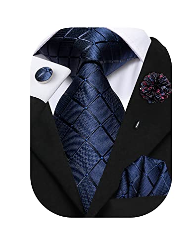 Hi-Tie Juego de gemelos cuadrados de seda para hombre, corbata de bolsillo y alfiler de solapa, jacquard, boda, negocios, corbata para formal, azul marino, M