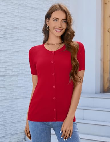 Image of FreshNight Women's 2025 Short Sleeve Cardigan Button Up Hollowed Out Crewneck Shrug Sweaters Knit Sweater Tops Lightweight