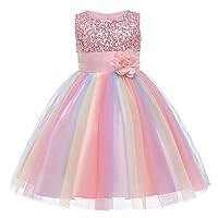 M MUNCASO Girls Princess Dress Sequin Tulle Flower Rainbow Round Collar Sleeveless Formal Dress Birthday Party Wedding Bridesmaid Girl Evening Dresses Toddler Baby Age for 2-13 Years