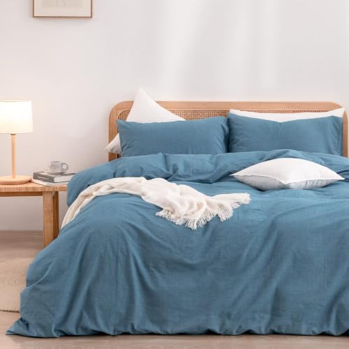 Image of BESTOUCH Cotton Solid Duvet Cover Set Linen Feel Dark Blue Alaska King | 100% Washed Cotton, Soft Wrinkle Texture, Hidden Zipper, 8 Ties, Breathable Lightweight Durable Comfy, 3 Pcs No Insert