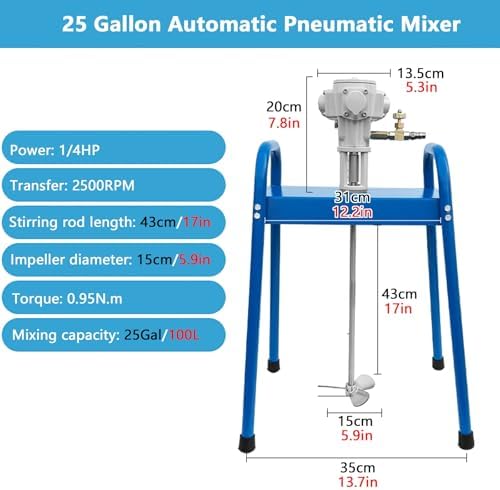 25 Gallon Pneumatic Mixer with Stainless Steel Blades - Heavy-Duty Platform Drill for Viscous Liquid Mixing, Ideal for Paint, Adhesives & Coatings