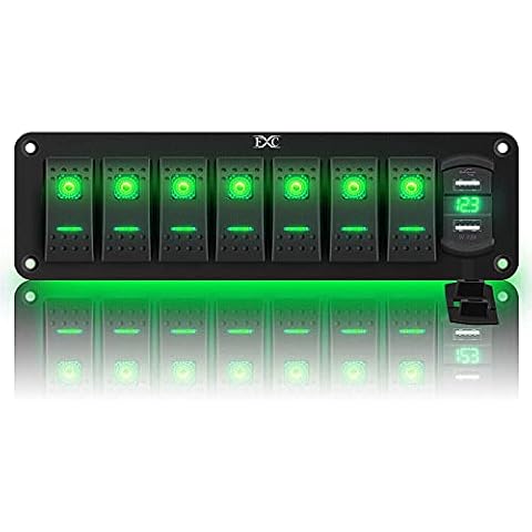 FABOOD F 12V 24V Rocker Switch Panel 7 Gang Toggle Switches Waterproof ON/Off Green LED Backlight with 4.8 Amps Dual USB Voltmeter for Boat Car Marine Truck Trailer Caravan Cover