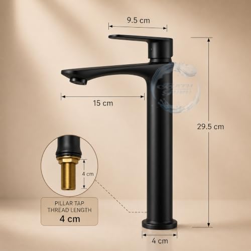 Image of BATH GURU 12 Inch Premium Pillar Tap for Countertop Wash Basin | Matt Black