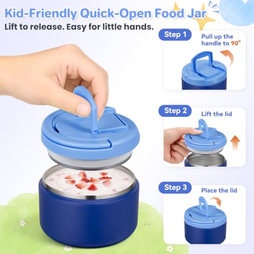 Image of Bento Lunch Box with 8oz Soup Thermo,Kids Leakproof 4 Compartment Lunch Food Containers with Sauce Cup and Ice Pack,Kids Thermo Insulated Hot Food Jar and Lunch Bag for School,Trvael-Blue