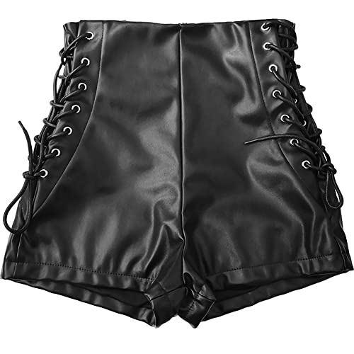 Ledershorts Damen Sexy Wetlook Lack und Leder Mini Tight Bikini Shorts Frauen Hotpants Festival Rave Techno Pole Dance Outfit Lara Croft Kostüm Halloween Karneval Party Faschingskostüme Schwarz 01 L