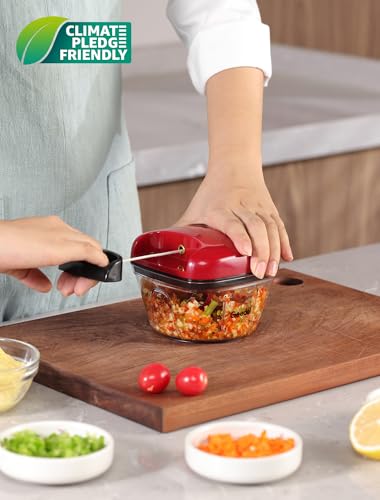 Geedel Zwiebelschneider, 500ML Zwiebel Zerkleinerer mit Seilzug, Gemüseschneider Zerkleinerer Manuell mit Edelstahlklingen, Multizerkleinerer Zwiebelhacker für Gemüse, Obst, Zwiebeln, Nüsse, Knoblauch 2
