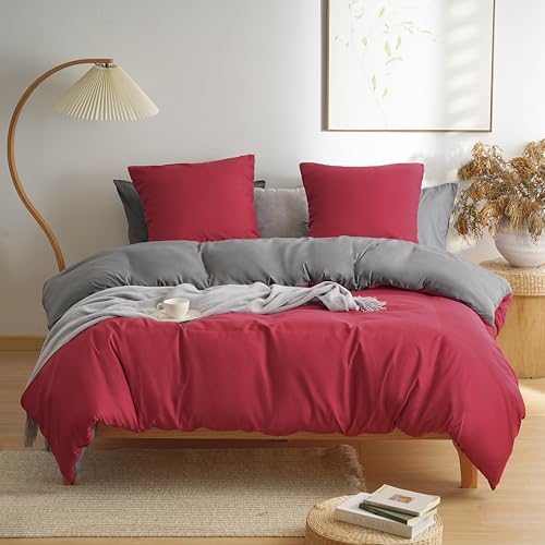 MOHAP Parure de Lit Réversible avec Fermeture éclair Microfibre 200x200 cm Rouge + Gris Foncé et 2 Taies d'oreiller 65x65 cm Housse de Couette Adulte