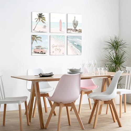 Image of CHDITB Beach Framed Canvas Wall Art, Coastal Palm Tree Artwork, Tropical Ocean Wall Decor, Boho Surfboard Poster, Pink Aesthetic Summer wave Art Prints For Living Room Seaside Cottage Decor 8 inchX10 inchx6