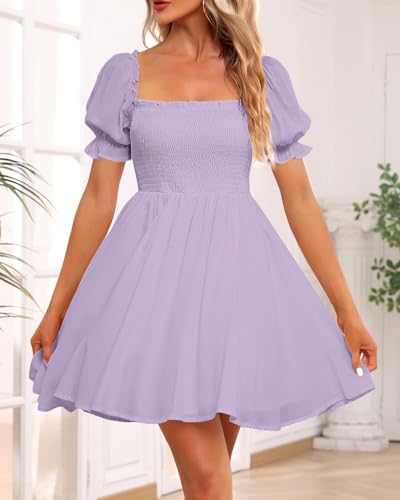 Image of Holipick Women's Casual Square Neck Smocked Dress Shirred Ruffle Puff Sleeve High Waist Cute Flowy A-Line Short Dress