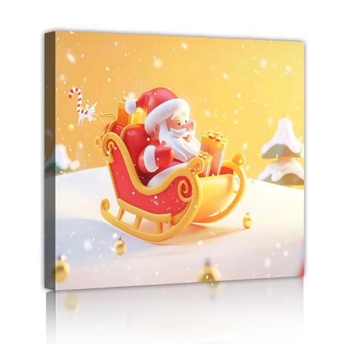 Affiche Noël scène de neige et Père Noël sur toile déco 45x45 cm