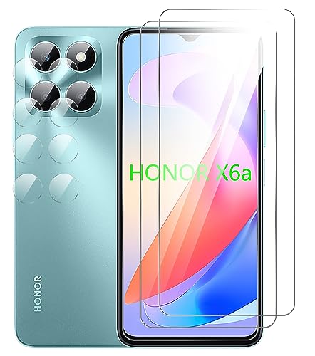 GIOPUEY Tempered Glass Compatible with HONOR X6a, 2 Pack Screen Protector + 2 Pack Camera Protector, 9H, No bubbles, Scratch Resistant (Transparent)