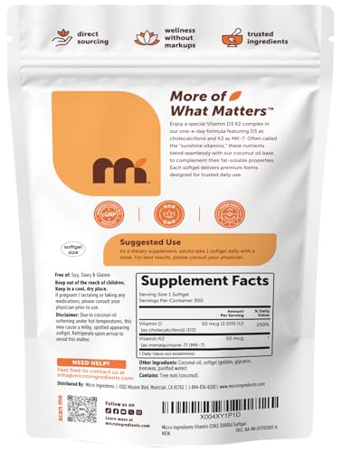 Image of Micro Ingredients Vitamin D3 2,000 IU + K2 MK-7 50 mcg, 300 Softgels | Made with Coconut Oil | 2-in-1 Formula | Easy to Swallow, Non-GMO