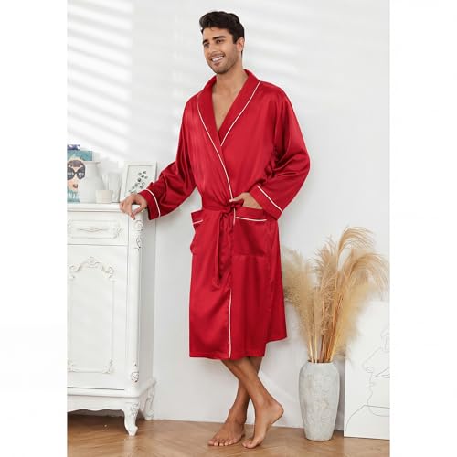 Image of Vulcanodon Men's Satin Robe Lightweight,Men's Luxurious Silk Kimono Bathrobe