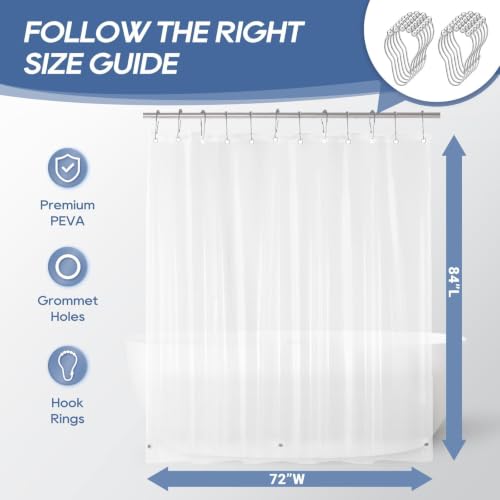 Image of downluxe Clear Shower Curtain Liner with Hooks, Plastic Shower Liner, 72 inch W x 84 inch L Lightweight Shower Curtains for Bathroom(12 Hooks, 1PC)