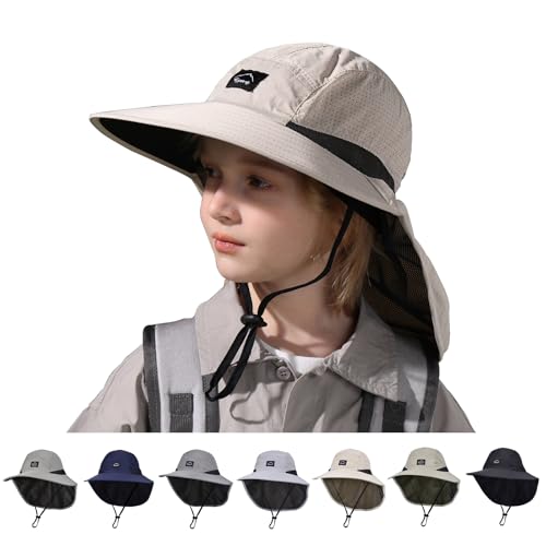 Kids Sun Hat with Neck Flap Breathable Safari Boys Bucket Hats Girls Outdoor Fishing Beach Hat Summer Adventure UPF 50+