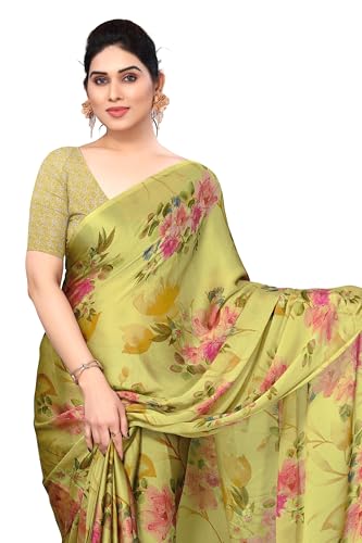 Image of MIRCHI FASHION Women Saree Chiffon Flower Print | Breathable Lightweight Sari for Office and Daily Use with Unstitched Blouse Piece (Available in 30 Styles)