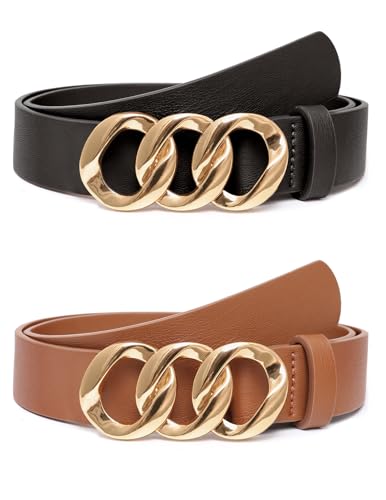 Bbonlinedress 2 Pack Womens Waist Belts for Jeans Pants Dresses Ladies Leather Belts with Gold Buckle Black+Brown M