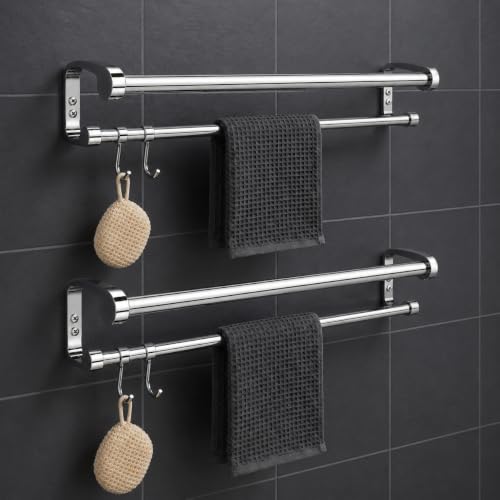 Image of GRIVAN Premium Stainless Steel 2-Tier Dual Towel Rod with Hooks | Modern Towel Hanger in Bathroom for Clothes Wall Mounted - Towel Stand (Silver Chrome, Pack of 2)