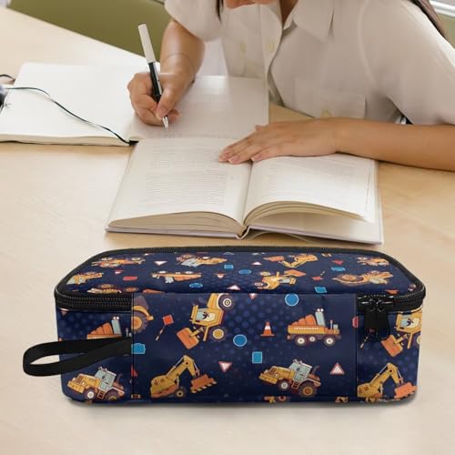 Image of Boys Pencil Pouch Construction Vehicle Print Pencil Case for Kids 6-8 Years Portable Pen Bag with Smooth Zipper for Elementary Students