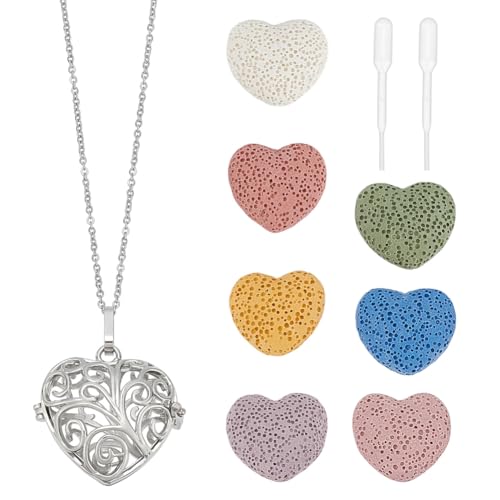 PH PandaHall Colliers Diffuseurs D'Huiles Essentielles D'Aromathérapie Pendentif Médaillon Creux Cœur D'Amour Pendentif Médaillon Arbre de Vie Collier...
