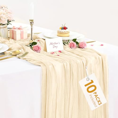 10 Pack Beige Cream Cheesecloth Table Runner 35x120 Inches, Summer Farmhouse Rustic 10ft Gauze Cheese Cloth Table Runner for Wedding Banquets Bridal Shower Birthday Party Home Decor