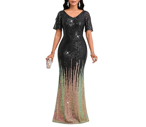 Cololura Women Sexy Elegant Sequin Short Sleeve Party Bodycon Maxi Dress Cocktail Evening Gown Formal Dresses Black-Gold