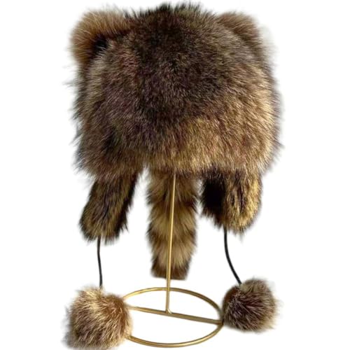 Raccoon Hat Cute Tail Faux Fur, Furry Hat Plush for Men Women's Thick Warm Winter Cosplay Gift