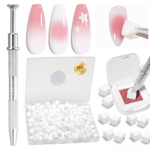 Image of Beetles 150Pcs Soft Nail Sponges for Ombre, White Nail Sponge with Grabbing Pen, Pink Pat Painting Gel Polish Kit for Gradient Ombre Blush Chrome Design Nails Art Tools, Home DIY Salon Manicure