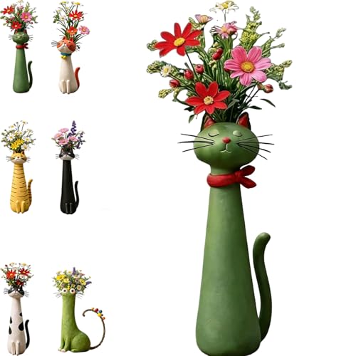 Quirky Cat Vase Cat Flower Vase Funny Kitty Planter for Desk Shelf Boho Home Decor Unique Gift for Cats Lovers (Green)