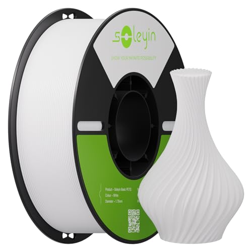 Soleyin PETG 3D Printer Filament 1.75mm Neatly Wound Strong Toughness Filament Smooth Glossy Finish 1 kg Spool(2.2lbs) Dimensional Accuracy +/- 0.02mm Fit Most FDM Printers (White)