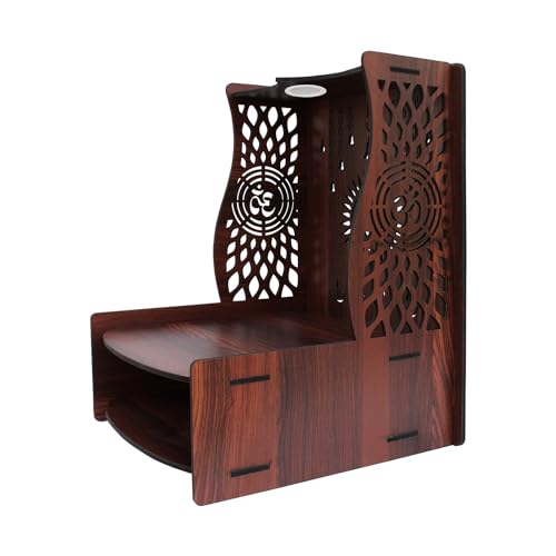 Image of Olive Tree Ethnic Wooden Pooja Mandir for Home Handcrafted Puja Stand | Wall Mounted with LED Spot Light | Mandapam, Pooja Ghar, Temple Office Decor - Walnut Size 12X12X16 Inch 1007