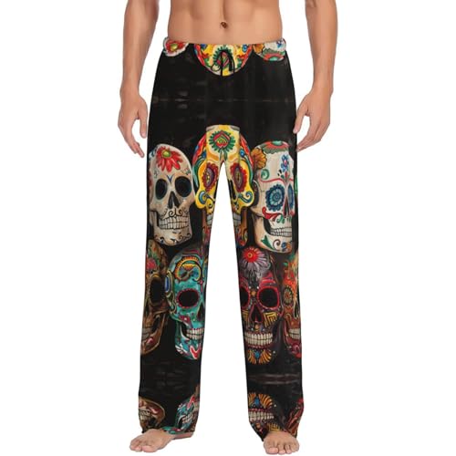 Pantalones de pijama para hombre con estampado de calaveras de azúcar con bolsillos, pantalones de pijama largos para dormir, Negro, XXL