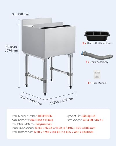 Image of VEVOR Commercial Ice Bin,19 Inch Stainless Steel Ice Chest with Sliding Lid and Bottle Holders, Cooler Cart Cocktail Unit for Bar Restaurant Pub, NSF Certified