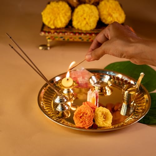 Image of PrettyKrafts Pooja Thali Set Big Size | 8.2 inch Brass Plate, Glass, Spoon, Bowl, Agarbatti Stand, Diya | Golden Thali for Pooja Plate | Puja Ki Thali | Elegant Pooja Thali Brass for Home & Festivals